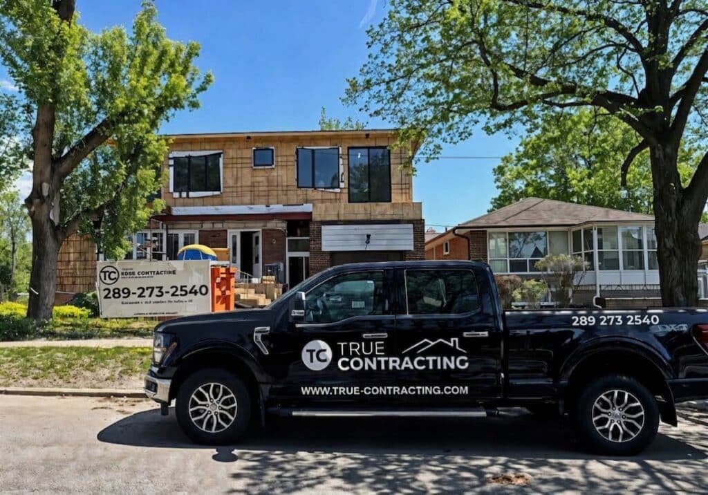 General Contractor St. Catharines Niagara Region 5 True Contracting truck on a residential home addition job site in St. Catharines